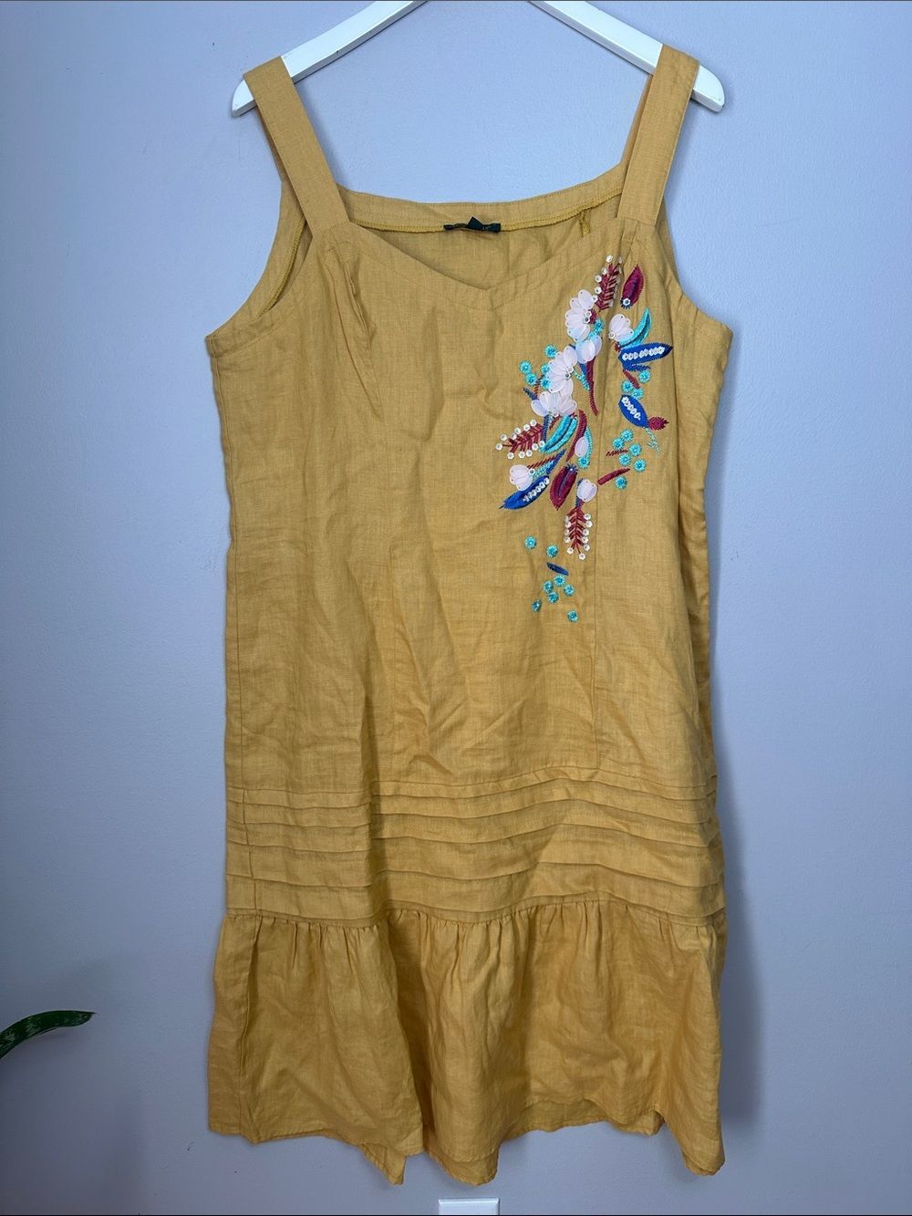 For Cynthia Yellow Embroidered Linen blend Sundress with Multicolor Accents L